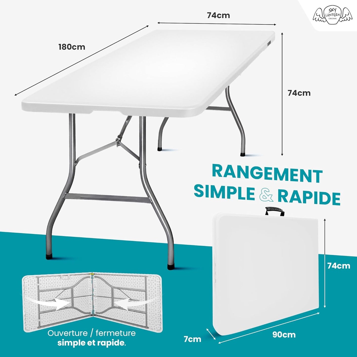 Table Pliante 180x74x74 cm Rectangulaire Blanche