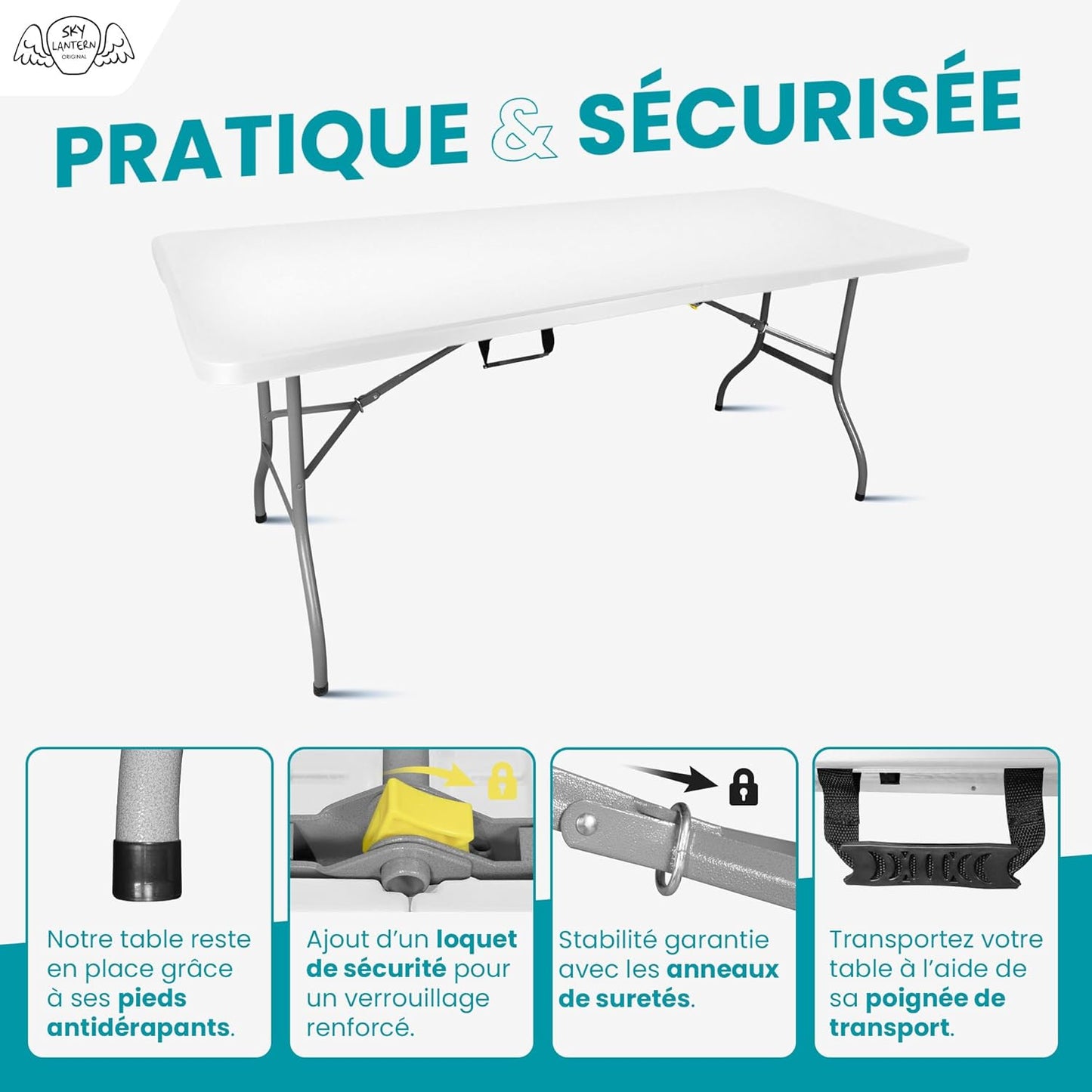 Table Pliante 180x74x74 cm Rectangulaire Blanche