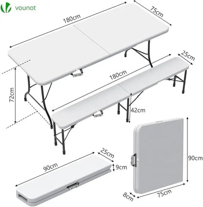 Ensemble table pliante et 2 bancs blanc 180x75x72cm